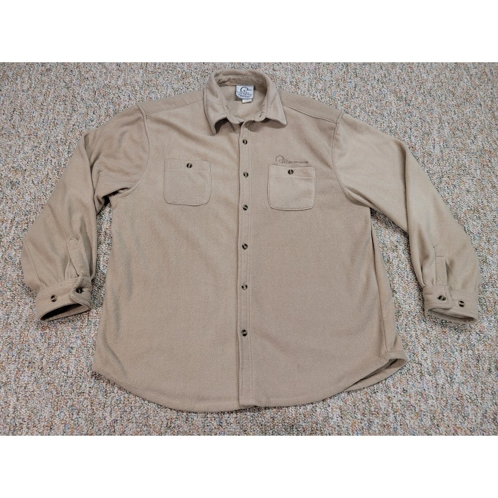 Ducks Unlimited Fleece Shirt Mens XL Tan Button Up Long Sleeve Logo Pocket Soft
